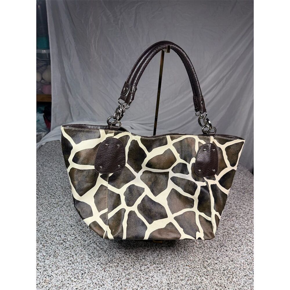 Giraffe Print Faux Leather Satchel Tote Bag Brown Handles Women’s​
